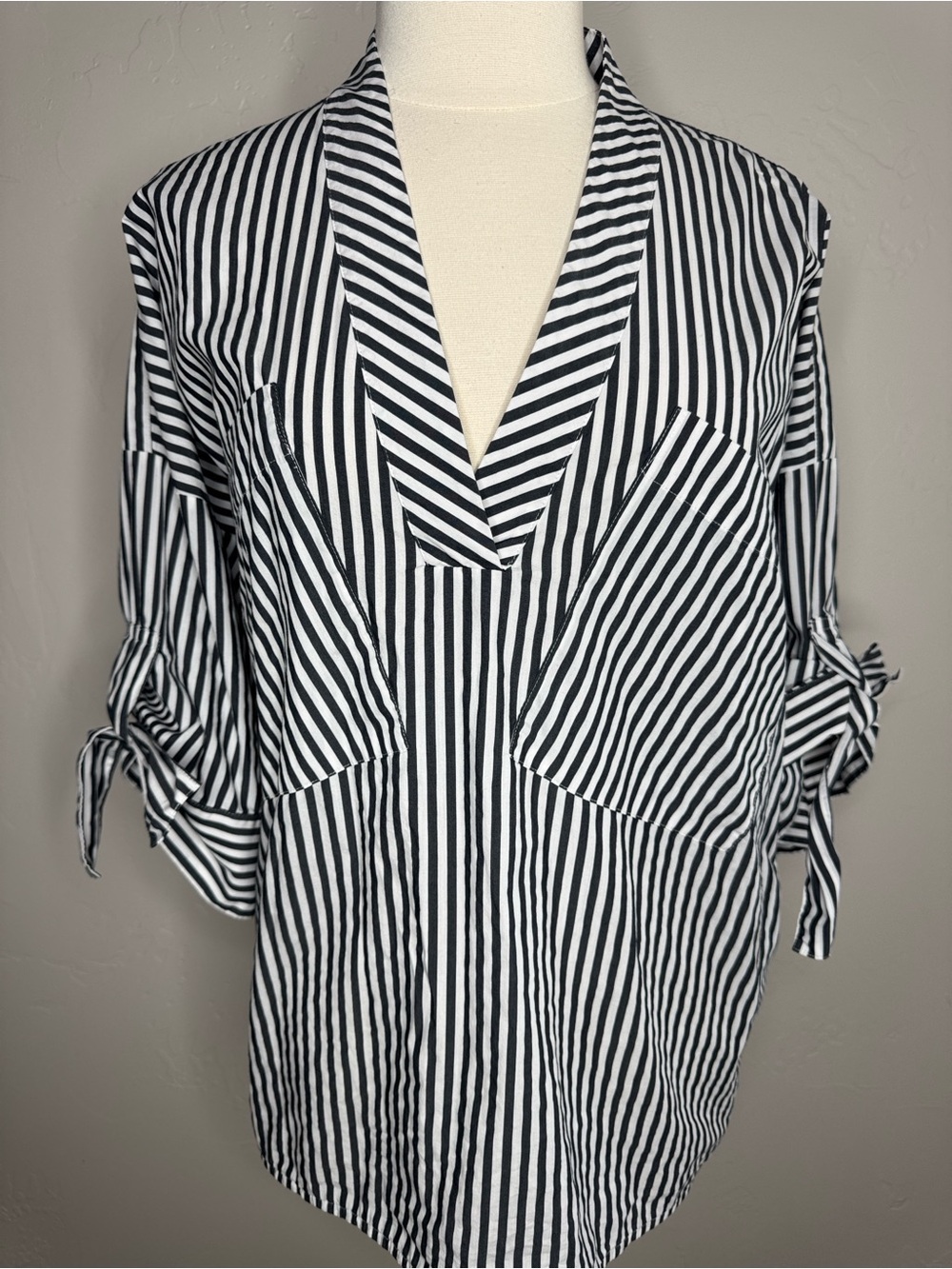 Striped V-Neck Tie Sleeve Women's Top - with Large Pockets